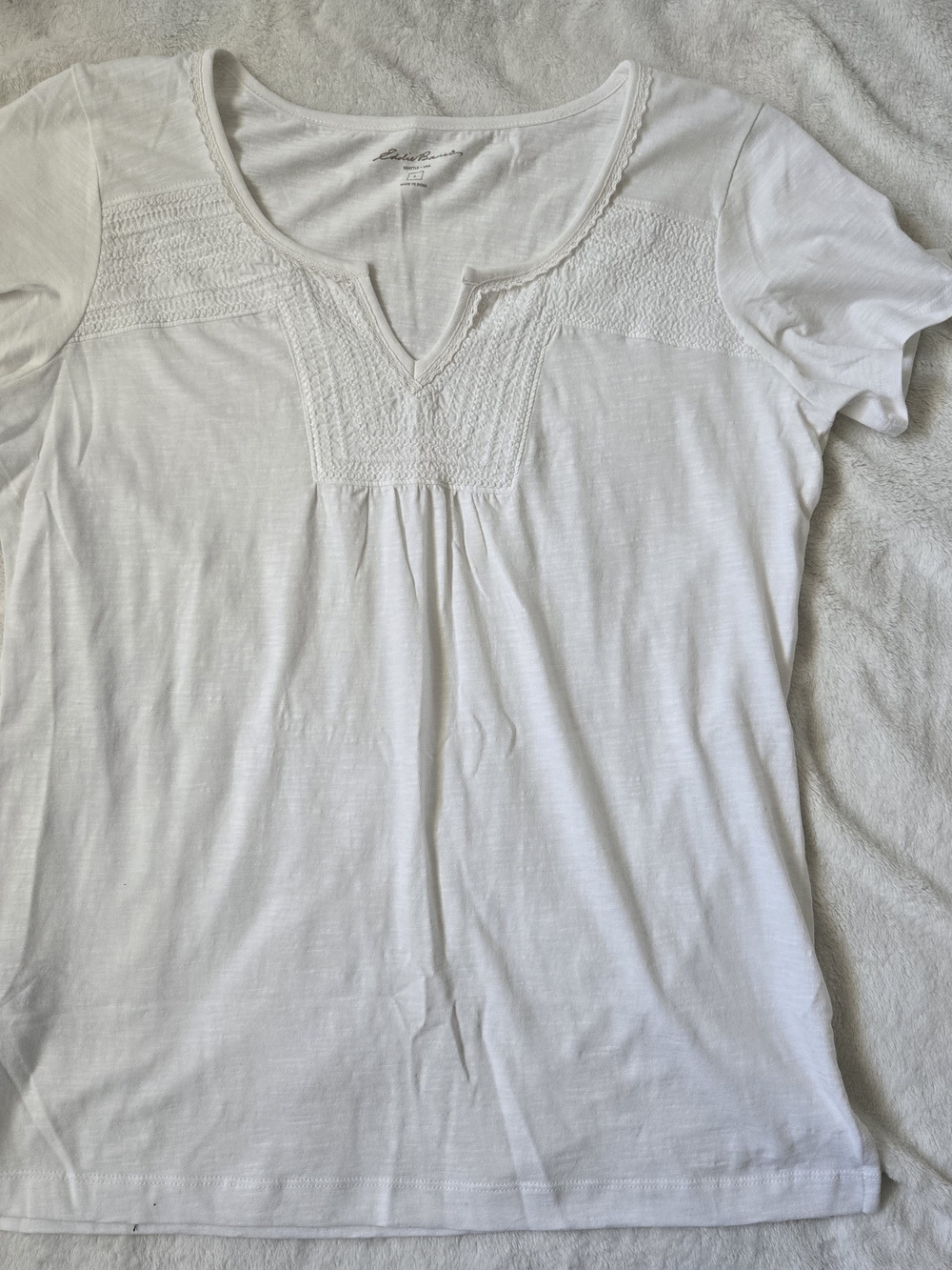 Eddie Bauer White Short-Sleeve Scoop Neck Top with Embroidered Yoke